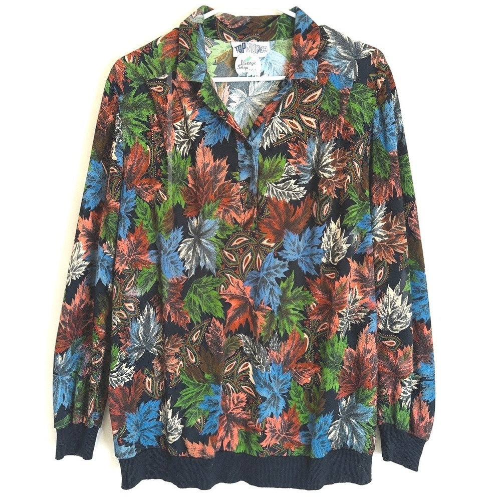 Top Notch Vintage Leaf Print Pullover Blouse Women's M‎ Retro Button Neck Top